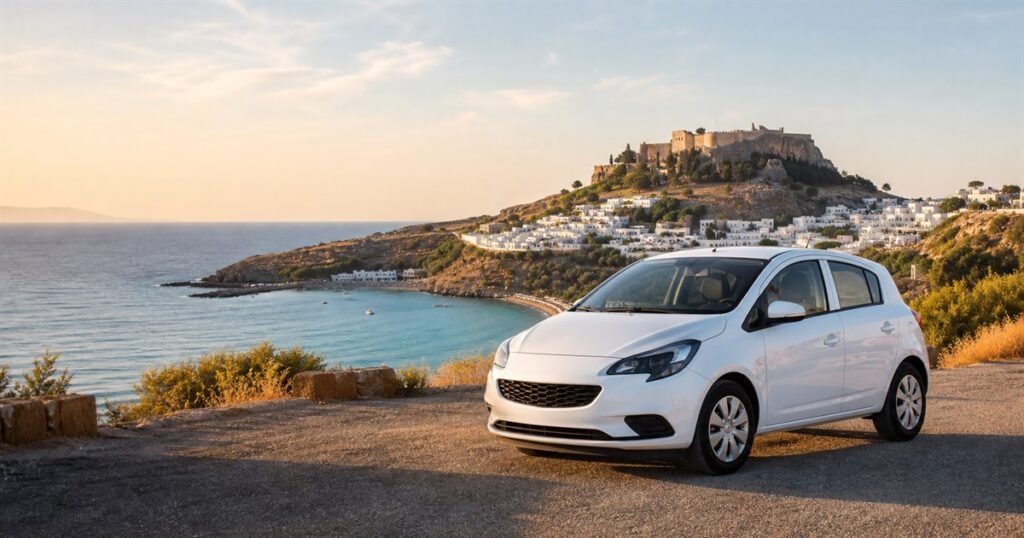 CARIO car rental in Rhodes with Lindos coastline