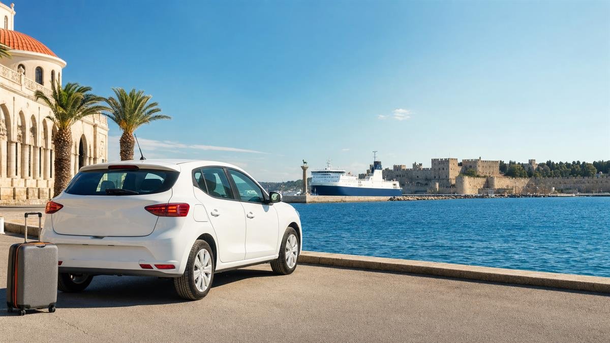 White rental car ready for pickup at Rhodes Port