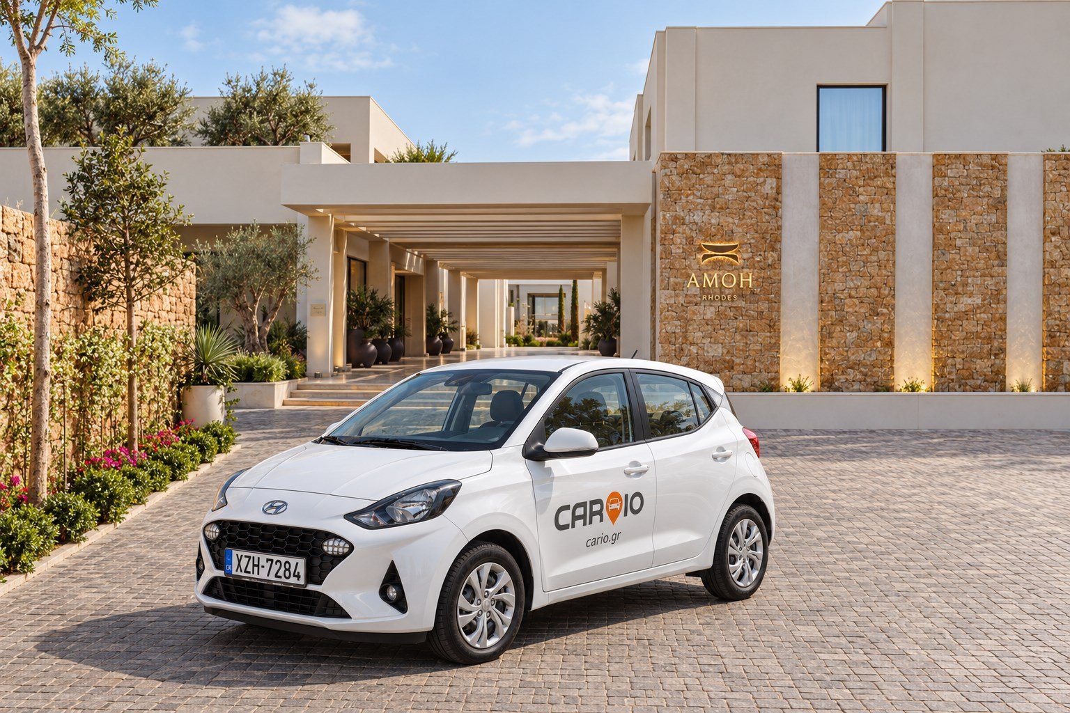 White CARIO rental car outside Amoh, a Luxury Collection Resort, Rhodes, Rhodes