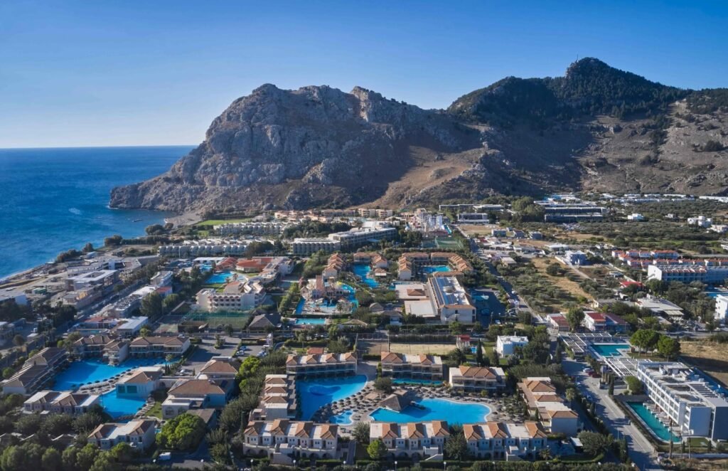 Aerial view of Atlantica Holiday Village Rhodes and the surrounding coast in Kolymbia