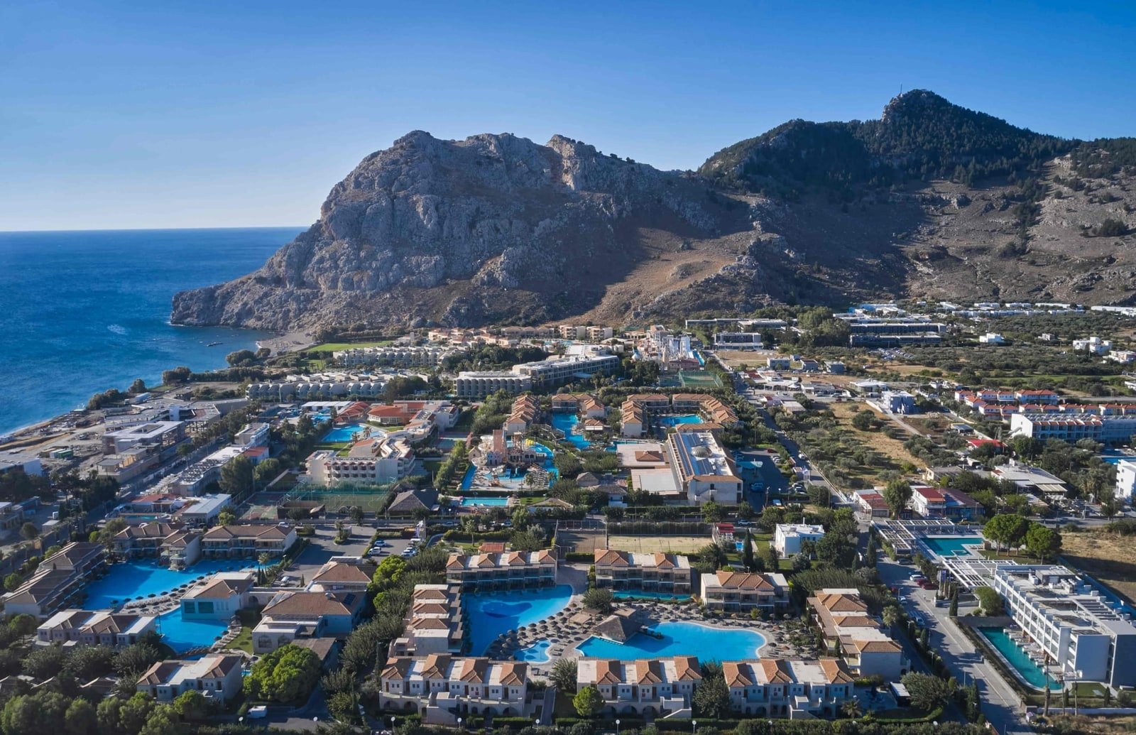 Aerial view of Atlantica Holiday Village Rhodes and the surrounding coast in Kolymbia