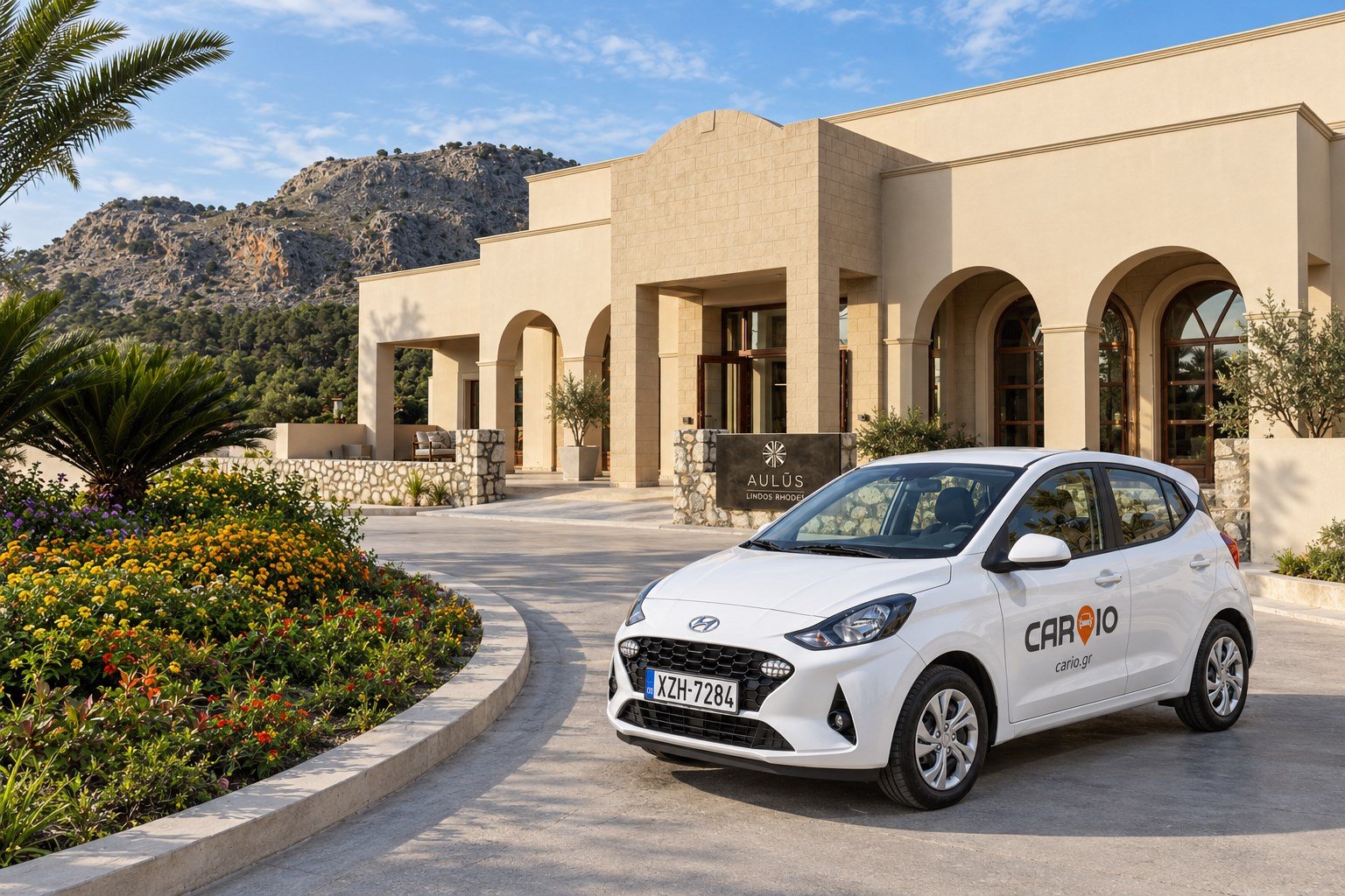 White CARIO rental car outside Aulūs Lindos Rhodes, Rhodes
