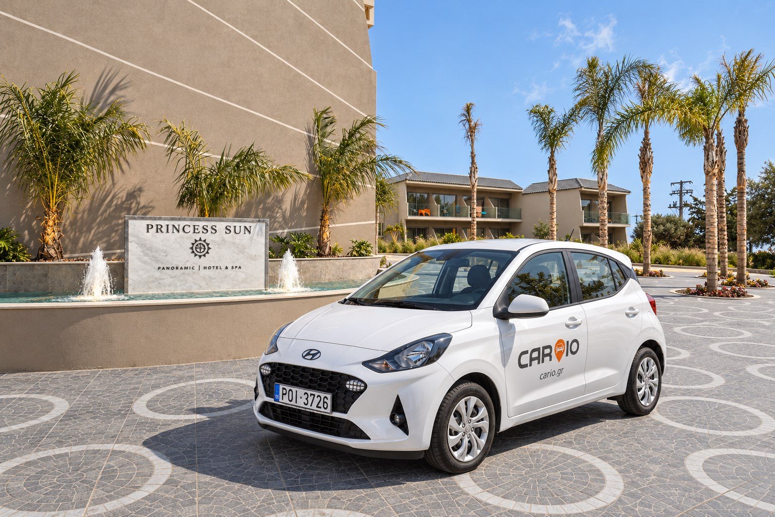 White CARIO rental car outside Princess Sun, Rhodes