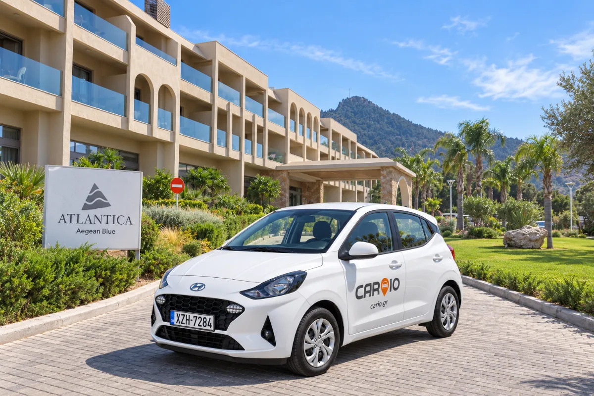 CARIO Hyundai i10 rental car at the entrance of Atlantica Aegean Blue in Kolymbia, Rhodes