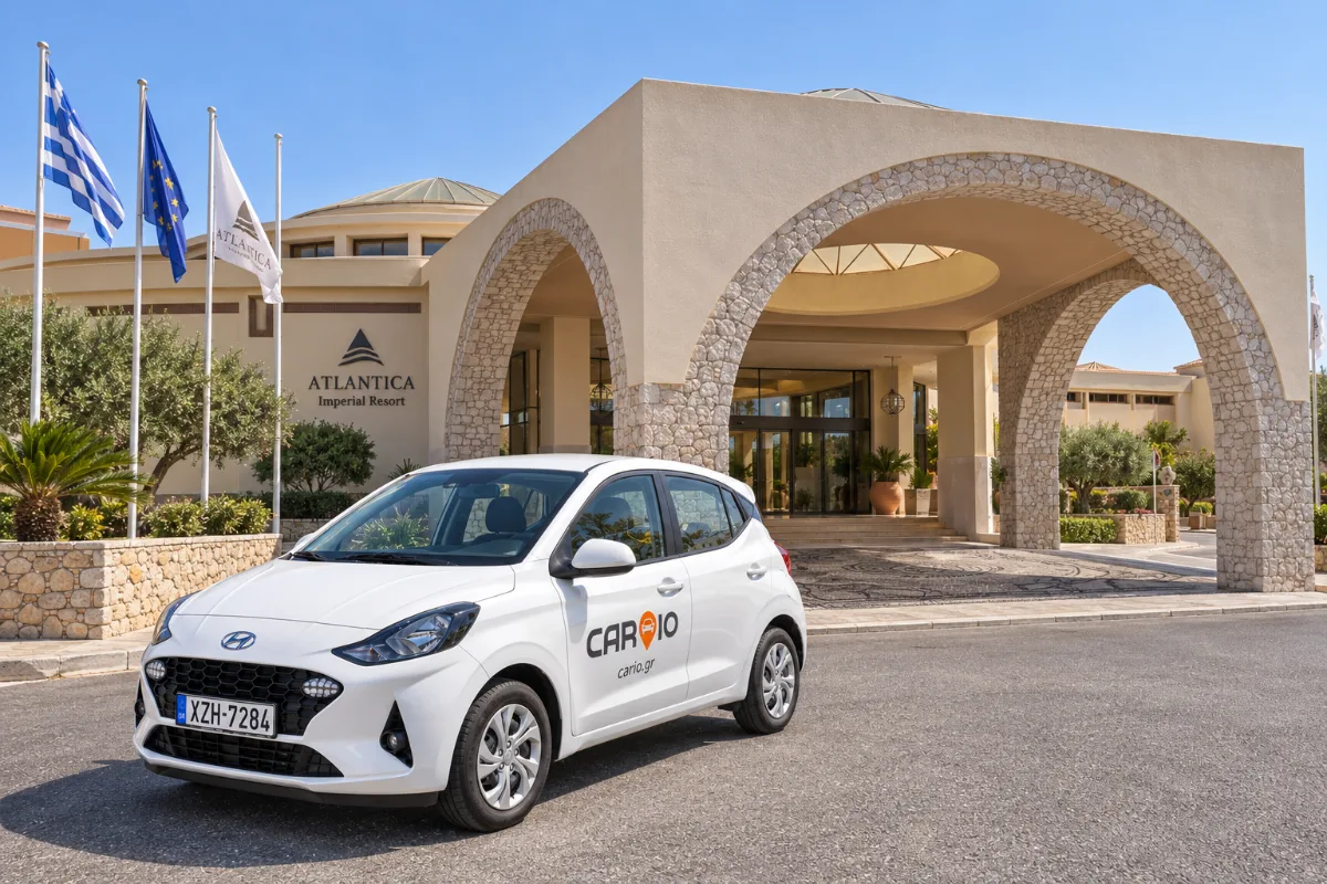 CARIO Hyundai i10 rental car at the arched entrance of Atlantica Imperial Resort in Kolymbia, Rhodes
