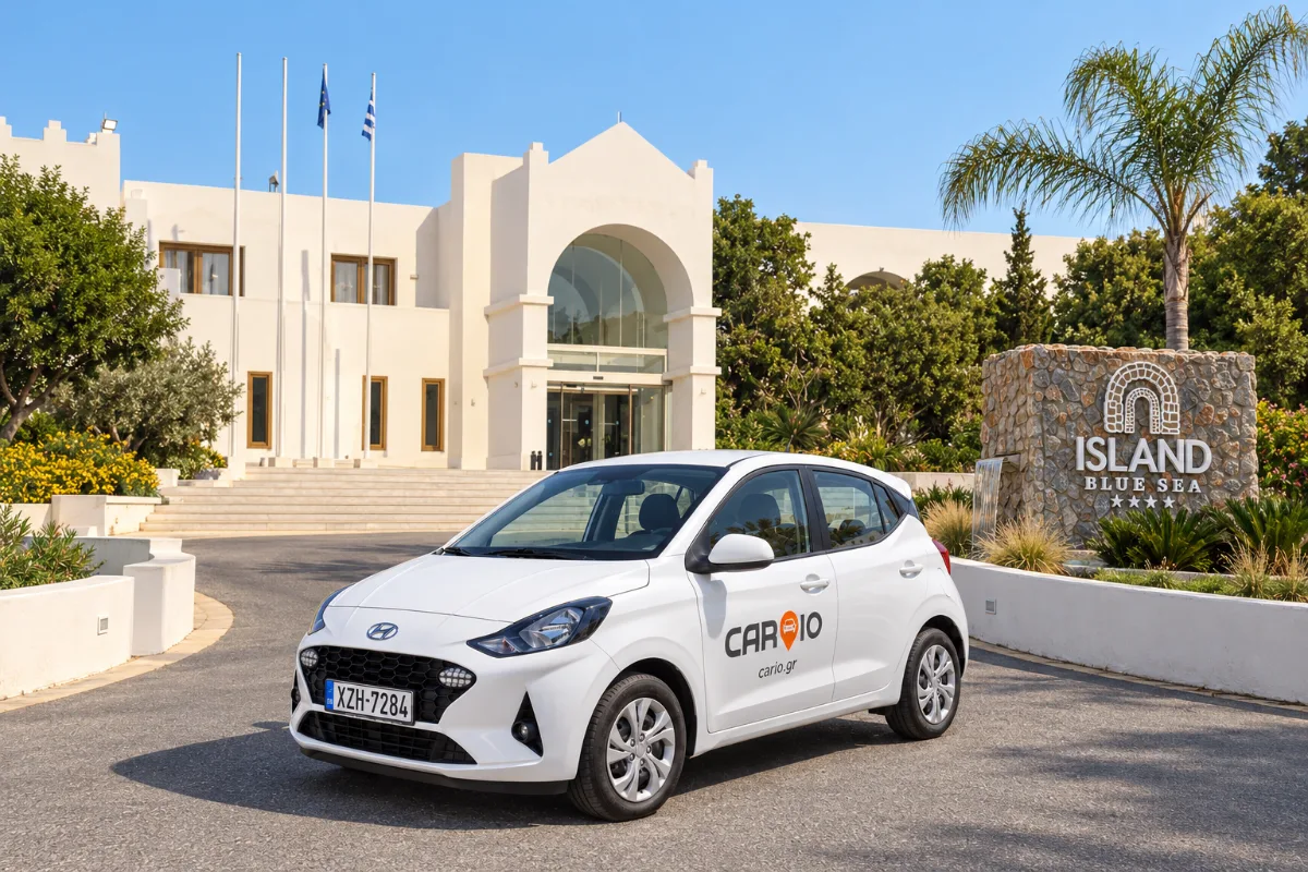 CARIO Hyundai i10 rental car at the entrance of Blue Sea Island resort in Kolymbia, Rhodes