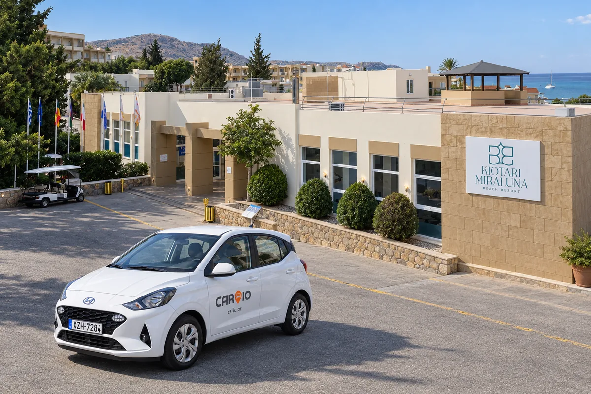 CARIO Hyundai i10 rental car at the entrance of Kiotari Miraluna Beach Resort, Rhodes